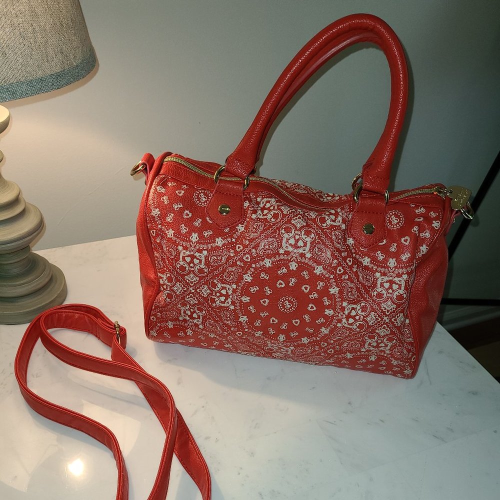 Betsey Johnson Bandana Print Red and White Handbag with Detachable Strap